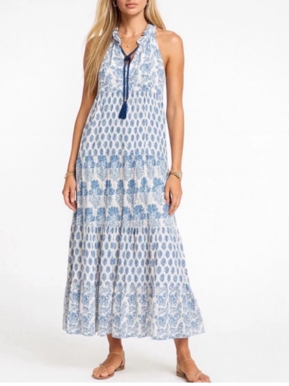 NEW Calypso St Barth Maxi Dress Blue White Print Cotton Lined Sleeveless Small